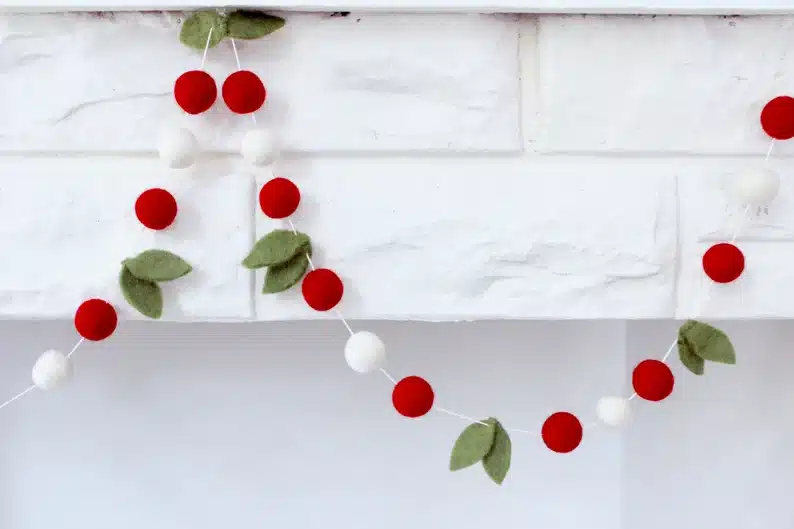 Merry Berry- Red & White Felt balls with hand-cut green leaves