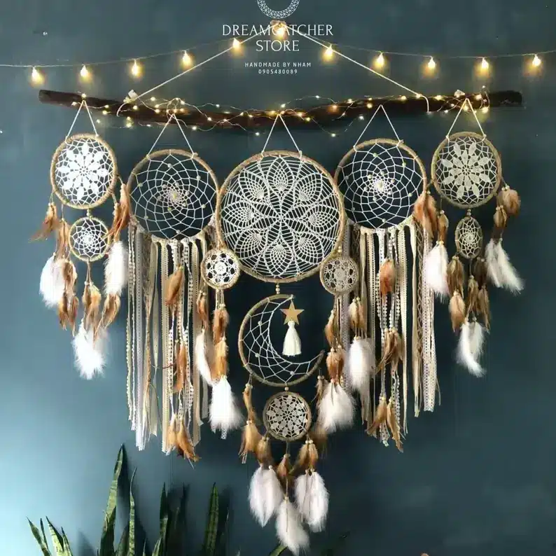 Dreamcatcher moon and stars hanging over the bed
