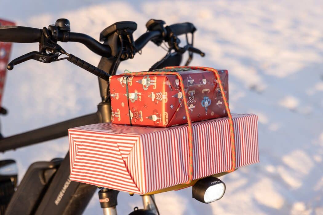 A Riese & Müller Multicharger HS longtail cargo bike loaded with Ortlieb pannier bags and christmas presents and parked up in a scenic wintery landscape during sunrise.