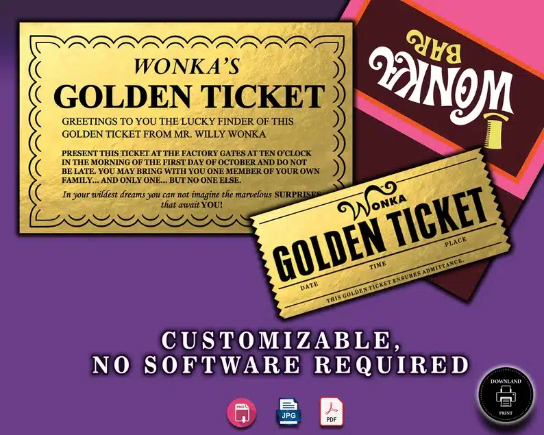Wonka Bar, Golden Ticket editable template