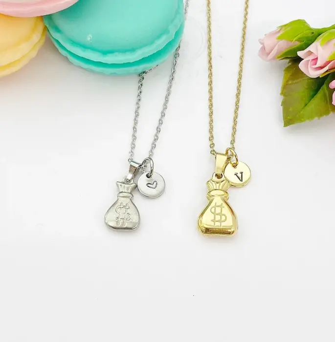 Personalized Money Bag Necklace with Initial 