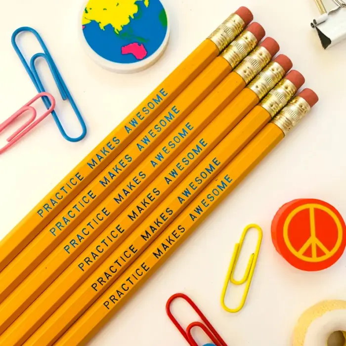 Back to School Practice Makes Awesome Engraved Pencil 6 Pack Yellow