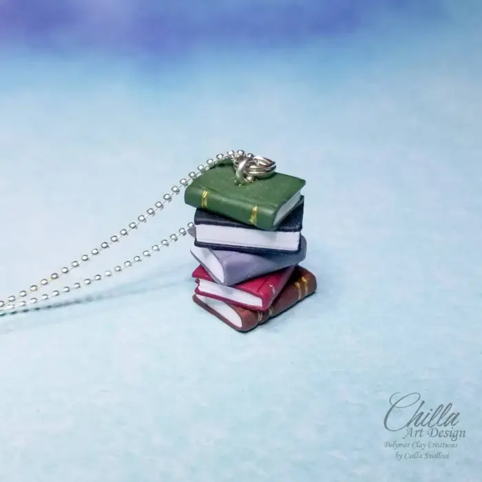 Vintage book stack polymer clay hand sculpted miniature necklace 