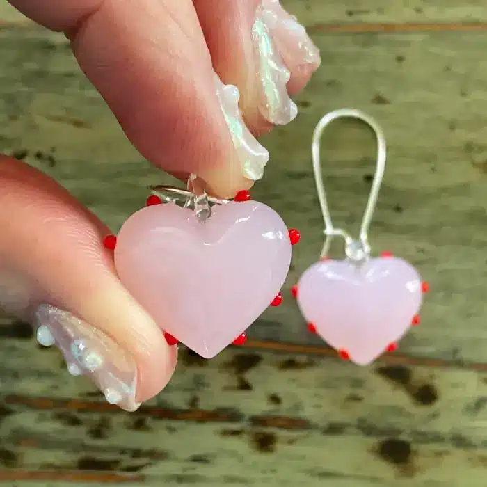 Lampwork Light Pink Glass Heart Earrings