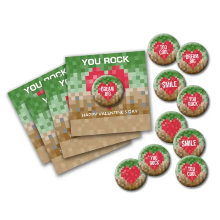 Pixel Mine Game Valentine's Day Cards with Buttons 