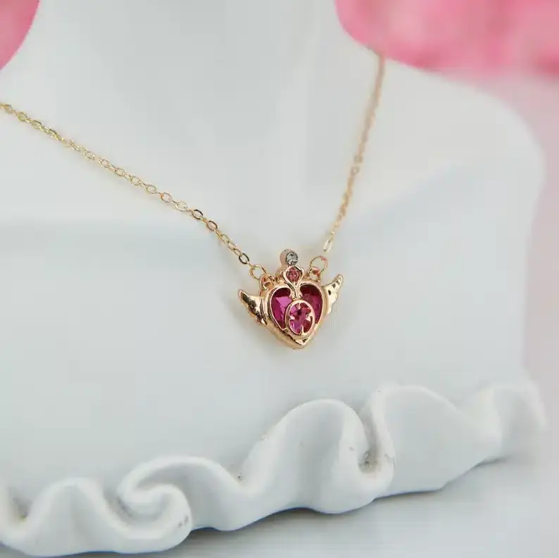 Sailor moon inspired hot pink heart pendant necklace with golden adjustable chain
