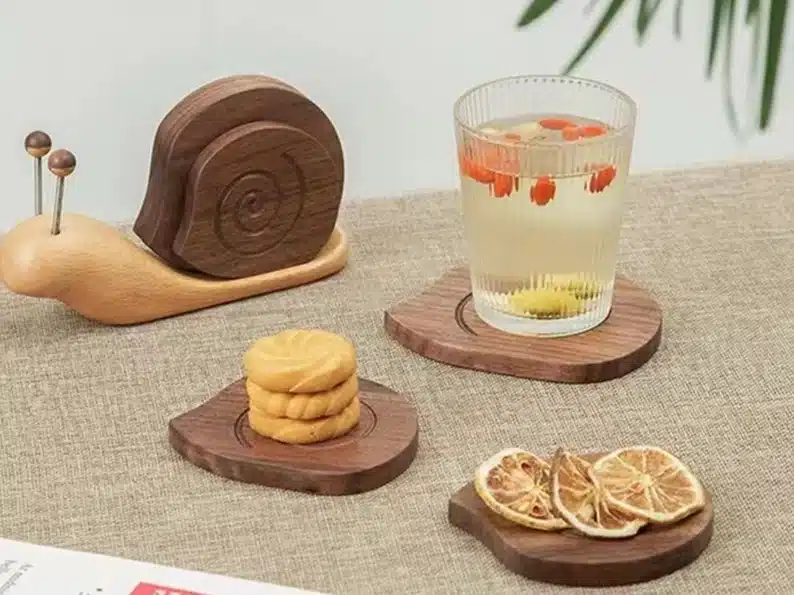 Wooden Snail Coasters Set of 5 with Holder Desktop Decoration Gift