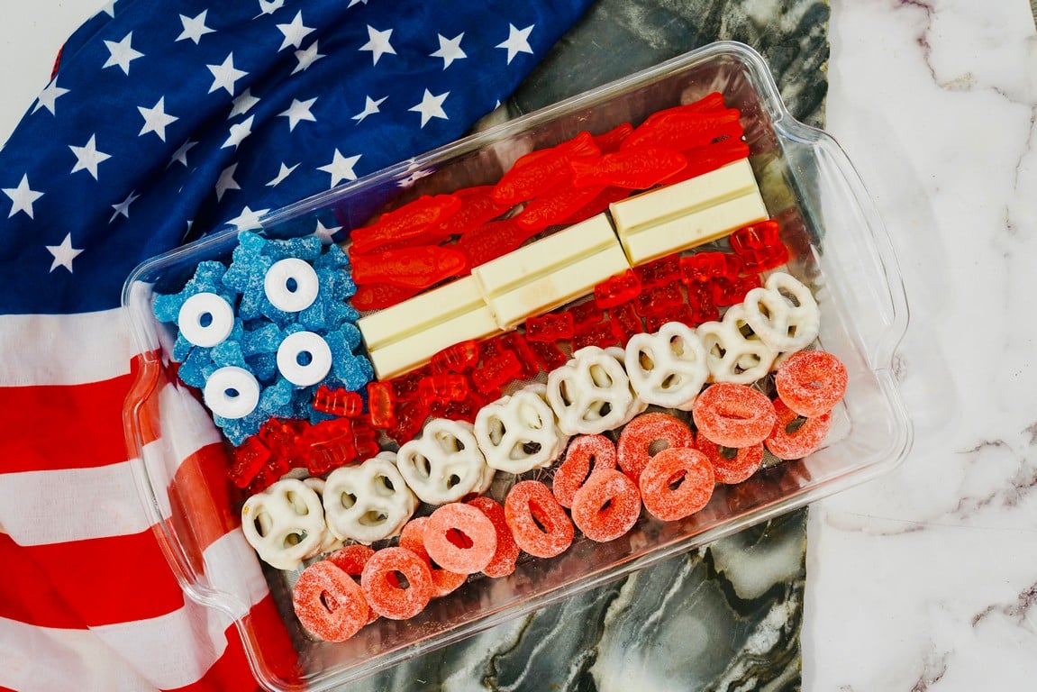 American flag with candy dish on top. 